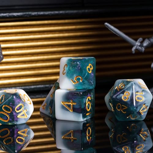 Cyan DND Dice 7PCS Glitter Polyhedral Dice Set for D&D Tabletop Game | Leather Storage Bag, DM Gift, for Dungeons and Dragons Role Playing Games - color: Glitter-white&cyan