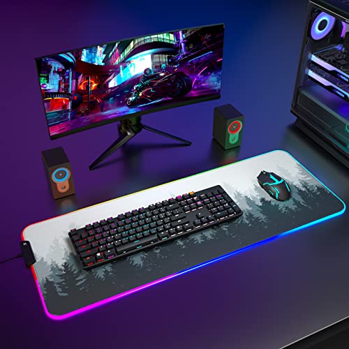 ITNRSIIET RGB Gaming Mouse Pad, Full Desk XL Extended Large Gaming Mousepad, 12 Lighting Modes 30% Thicker Big LED Desk Mat for Gamers, 32 x 12 inches, Ink Painting Misty Forest - color: Ink Painting Misty Forest