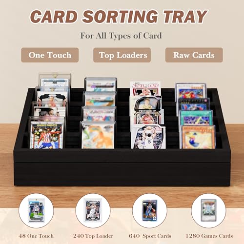 Emfogo Wooden Card Sorting Tray Trading Card Display, 16-Compartment Trading Cards Organizer with Handle Design, Cards Sorter for Sports, Trading, TCG, Game, and Collection Display, Black