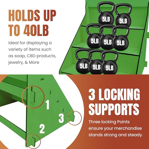 Wooden Portable Retail Table Display Stand Countertop 3 Step Riser Craft Shows, Farmers Markets Tradeshows |No Hardware Assembly Flat Pack Soap Display CBD Jewelry Spices Cups Tumblers Coasters | Green - color: Green