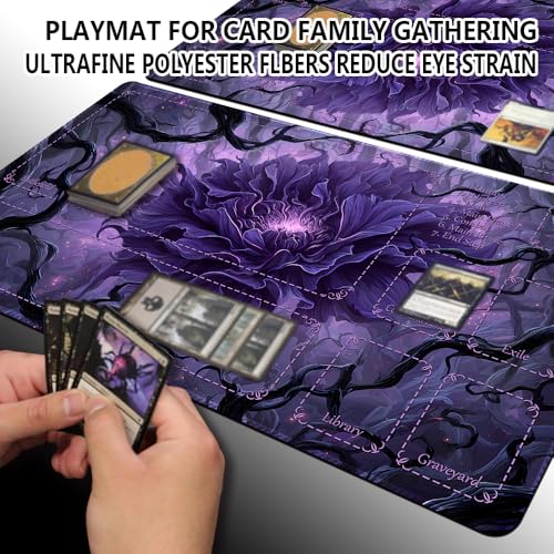 MTG Playmats(Stitched) 14x24in Compatible for OCG CCG RPG TCG Playmats with Card Zones Storage Bag (Purple Peony-with Zone) - color: Purple Peony-with Zone