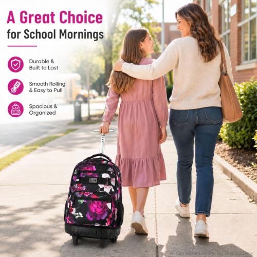 3Pcs Rolling Backpack for Girls Women, Travel Roller Backpacks with Wheels for Adults, Teens College Rose Wheeled Bookbag with Lunch Box(Black) - color: Rose Black
