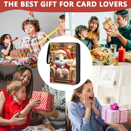 4 Pocket Trading Card Binder, Holds 400 Cards, PU Zipper Binder | PU leather cover, holds 400 cards, 50 removable pages, zipper closure, portable storage and protection. - color: Christmas cats