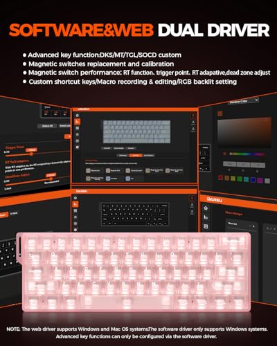 DAREU COOL60 60% Hall Effect Gaming Keyboard with Magnetic Switch, SOCD, 0.01mm Actuation Adjustable Rapid Trigger,8000 Hz Polling, Frosted Transparent Keycaps, Hot-swap, RGB Backlit - color: Pink