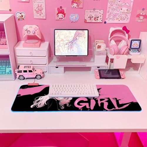 JMIYAV Pink RGB Gaming Mouse Pad 31.5x12 Inch PC XL Large Extended Glowing Led Light Up Desk Pad Non-Slip Rubber Base Computer Cute Mousepad Mat Desk Accessories Gaming Setup Dream Girl - color: Dream Girl