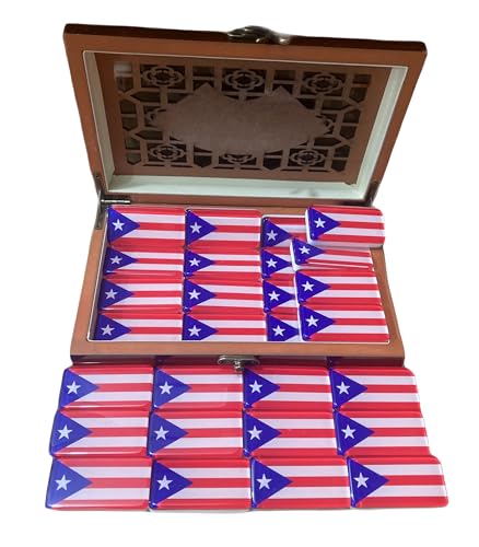 PRK 14 Premium Edition Puerto Rican Dominoes Set Deluxe – Double Six Domino Adult Tiles with Puerto Rico Flag Design – Resin & Clear Top Acrylic – Classic Artisan Wooden Storage Case Included