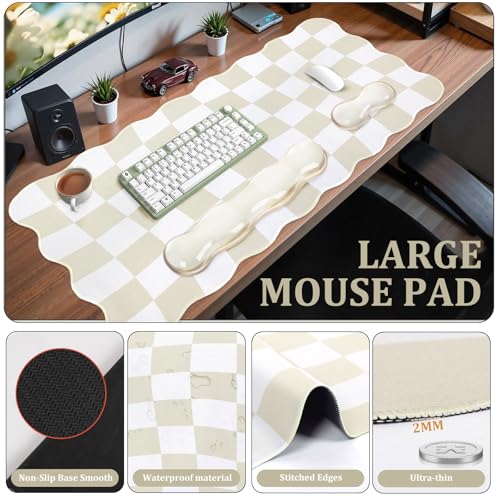 L-SPOUTTO Beige Checkered Mouse Pad Set,Scalloped XXL Desk Mat + Ergonomic Mouse Wrist Rest + Gel Keyboard Wrist Rest for Keyboard 65%/75%,3in1 Large Desk Pad for Desktop Home Office Computer Game - color: Beige Checkered