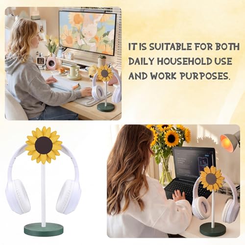 Yookeer Sunflower Headphone Stand Decorative Cute Sunflower Headphone Stand Yellow Wood Desk Decor for Gamer Room Office Desk Christmas Gaming Gifts for Women Office Worker - style: Sunflower