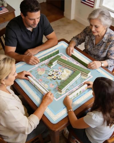 Mahjong Mat Table with Rules Mah Jong Mat Neoprene Travel Chinoiserie Floral Majong Learning Mat Instructions Mahjong Gifts Women Unique Non-Slip Rubber Pad, 31.5" x 31.5", Blue Flower - color: Blue Flower, size: 31.5" x 31.5"