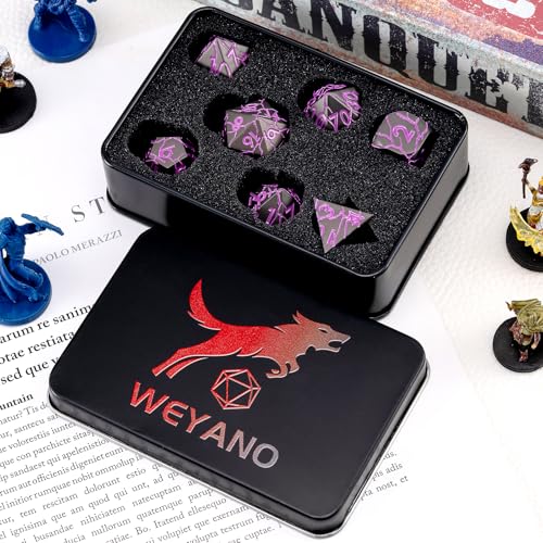 D&D Metal Dice Set with Gift Case, Polyhedral Dice for RPG with Cracks, Sharp Edge - color: Matt Black Purple