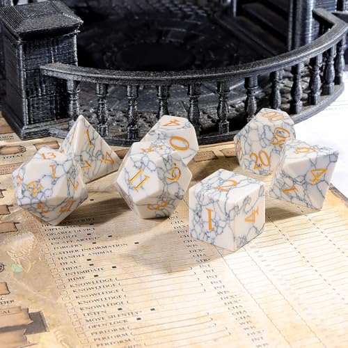 Synthetic Turquoise Marble Dice Set, 7-Piece Polyhedral Dice for Dungeons & Dragons (D&D), Pathfinder, MTG, Tabletop RPG Gaming, Natural Texture Dice with Gold Numbering (White) - color: White
