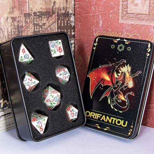 Gothic DND Dice Set Bleeding Rose Metal D and D Dice for use with Dungeons Dragons D&D Role Playing Game, Silver Purple Green RPG Polyhedral Dice Set D20 D12 D10 D8 D6 D4 - color: Purple Green&silver&red Numbers