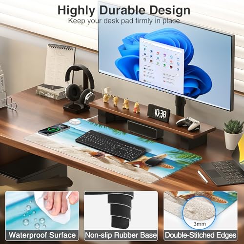 Wireless Charging Mouse Pad, 31.5"x15.8", with 20W PD Adapter, Summer Beach | Desk Writing Pad for Home Office Gaming, Waterproof Ultra-Smooth Surface, Non-Slip Base - color: Summer Beach-31.5"x15.8"(with Wall Charger)