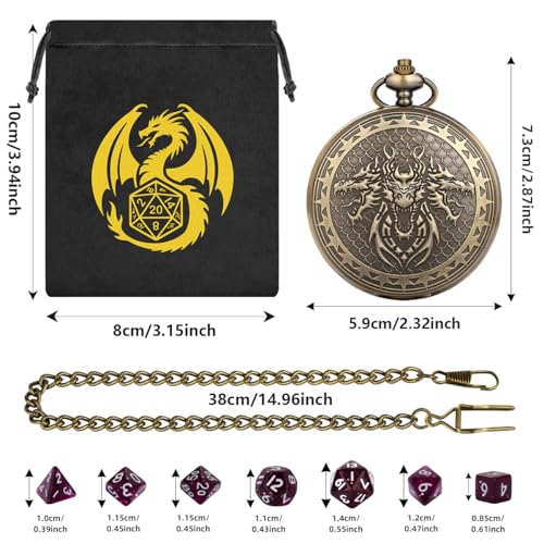3 Head Dragon Small D&D Dice Set, Steampunk Bronze Pocket Watch Shell Case, 7pcs Polyhedral Acrylic DND Dice, Dragon Gift Bag, RPG Tabletop Games Accessories, DND Starter Set, Purple Dice - color: 3 Dragon Head D