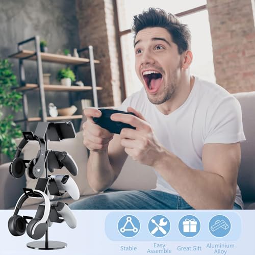 Controller Holder 4 Tier,Headphone Stand for Xbox PS5 PS4 | Classical "W" shape,Adjustable,Gamepads and headset storage,For Gamer,Black,Stable,Gaming gift