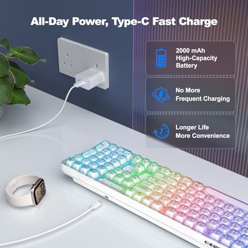GEEZER Computer Backlit Keyboard White Crystal - Full-Size Bluetooth Wireless Rechargeable Transparent Keycap Portable Keyboards Compatible with Windows, Laptop, PC, Desktop - color: White Crystal