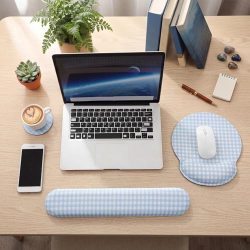 Tellegloww Wrist Rest Support for Mouse Pad&Keyboard Set, Blue Gingham Checkered Circle Curved Ergonomic Mousepad&Coaster Non-Slip Base Design for Office Home Laptop Desktop Computer Keyboard - color: Blue