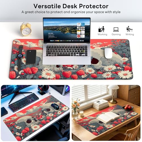 Large Gaming Mouse Pad, XL Desk Protector, Non-Slip Base | 31.5x15.7 in Extended Desk Mat with Stitched Edges for Keyboard, Work, Game, Office, Home PC and Laptop - color: Skull Strawberries