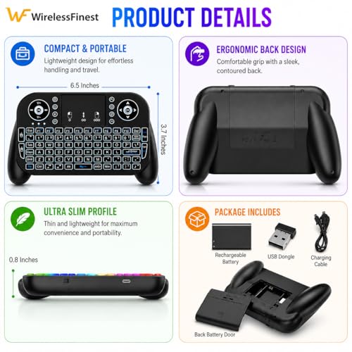 Mini Wireless Keyboard with Touchpad, Bluetooth + 2.4GHz RF Remote Control, 7-Color Backlit Rechargeable Keyboard for Smart TV, Android TV Box, Fire Stick, PC, Laptop, HTPC, Raspberry Pi & Tablet