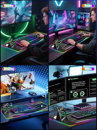 Mouse Pad with Foldable Phone Holder & Wireless Charger, XXL RGB Gaming Mousepad 31.5"x15.8" Large Desk Mat for Keyboard, Black Desk Pad with Dual Qi Charging Station | 11 Colors 5 Modes | Waterproof - color: 31.5x15.75"Phone Stand-Wave Upgraded