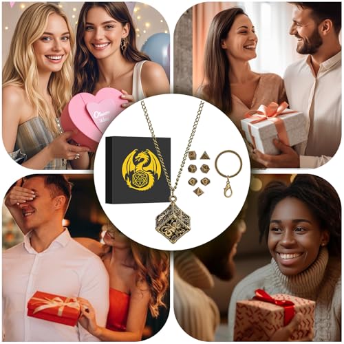 Keller & Weber Mini DND Dice Set with Hollow Six-Sided Octopus Metal Case Portable Keychain Necklace, Tiny 7pcs Polyhedral D&D Dice Set, DND Gifts with Gift Box, D&D Accessories for RPG, Bronze