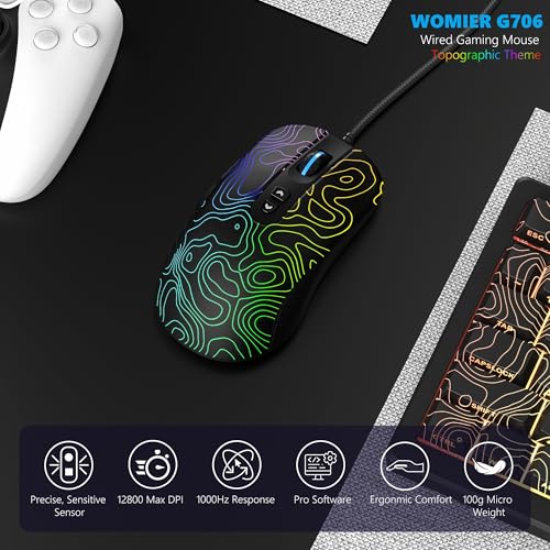 Womier Wired Gaming Mouse, 12800 DPI RGB Computer Mouse | Topographic with 7 Programmable Buttons&7 Backlit Modes,Software Supports DIY Black Gamer Mouse for Laptop Mac Windows,G706 - color: Y-Black