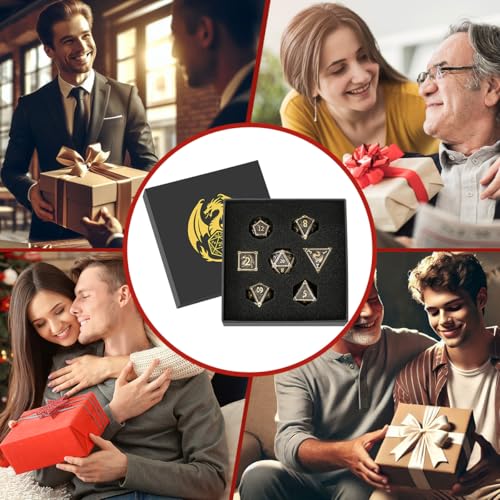 Metal Dice Set, Fly Dragon Pattern, 7pcs Polyhedral Metal DND Dice Set, DND Starter Set, D&D Gifts with Gift Box, Role Playing Board Games Accessories, Bronze - color: Bronze