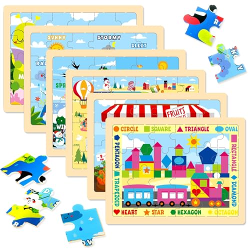 Montessori Wooden Puzzles for Toddlers 3-5, 6 Packs 24Pcs Solar System Learning Toys, Educational Preschool Puzzle Set, Toys for Kids Age 3 4 5 6 7 8, Birthday Gift for Boys Girls(Season) - style: Seasons