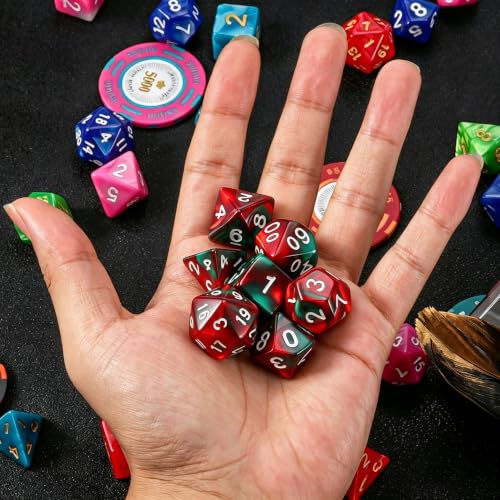 QMAY DND Dice Set - Polyhedral Dice (Red Mix Green) 7 Pcs for Dungeon and Dragons D&D RPG Role Playing Games Dice with Dice Bag - color: Red and Green