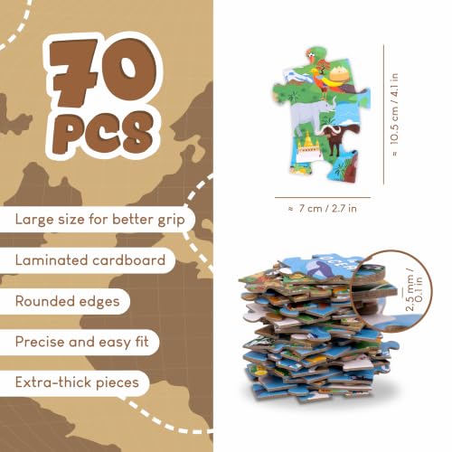 BONNYCO Giant Floor Puzzles for Kids World Map with 70 Large Pieces. Round Globe Puzzle with Animals, 23 x 23 in, 15 Cards, 4 3D Figures, Guide. Learning Gifts, Toys for 4 Year Old Boys