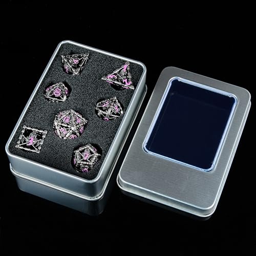 Hollow Grim Reaper Metal DND Dice Set, 7-Piece Polyhedral RPG Dice with Purple Numbers, 3D Hollow Wizard Skeleton Design with Metal Tin Box for D&D, RPGs, MTG, and Board Games - color: Hollow Wizard Silver