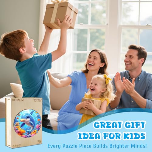 Ocean Wooden Puzzles for Kids - Blue Dolphin (11.4 * 11.4 in) | 50 Piece Puzzles for Kids Ages 6-8, Kids Puzzles with Unique Animal Shapes, Round Gift for Girls and Boys - color: Blue Dolphin