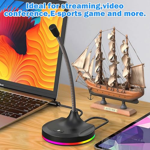 USB Computer Microphone with Mute Button and RGB Lighting,Plug&Play Mic for Conference,Gaming,YouTube,Desktop PC Mic for Mac/Window-Black-Black(M7)