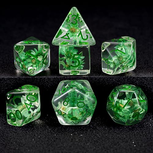 DND Resin Flower Dice Set, D&D Polyhedral Dice for Dungeons and Dragons RPG, MTG Role Playing Games D and D Dice 7pc D20 D12 D10 D8 D6 D4 - color: Green Flowers