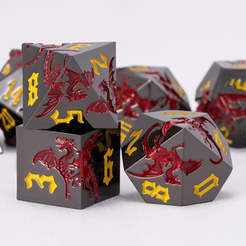 DND Metal Dragon Dice Set with Dragon, Metallic Polyhedral Dice Set for Dungeons and Dragons RPG TTRPG D&D Die with Gift Case (Dragon-Black Nickel Red) - color: Dragon-black Nickel Red