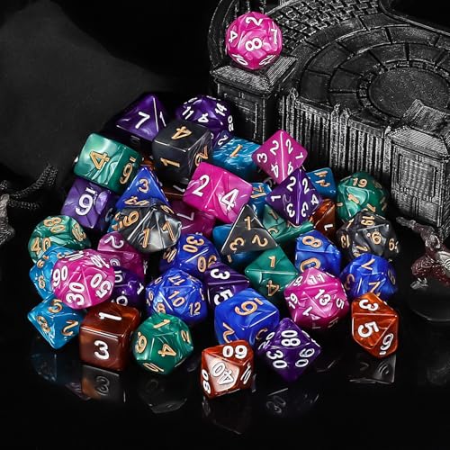 QMay Polyhedral Dice Set - 7 x 7 (49 Pieces) DND Dice with 7PCS Black Drawstring Bags Great for Dungeons and Dragons, RPG, MTG,Role Playing Table Games D4 D6 D8 D10 D% D12 D20 - color: 7 Sets-49pcs