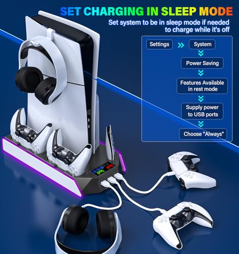 PS5/PS5-Slim-Cooling-Station-with-Controller-Charging-Station for PlayStation 5 Console Disc/Digital, LED Light Cooling Stand with Cooler Fan for PS5 Accessories with 3 USB Hubs/Headset Holder