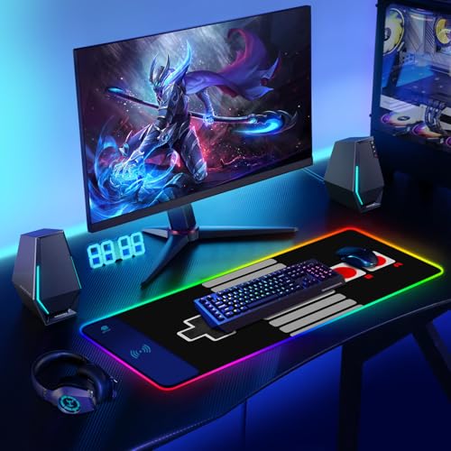 ToLuLu RGB Wireless Charging Gaming Mouse Pad, 7.5/10/15W LED Mouse Pad | Computer Keyboard Mat 10 Light Modes Mousepad, 800x300x4MM Extended Large Big Desk Pad Desk Mat, Game Console Buttons Black - color: Game Console Buttons Black