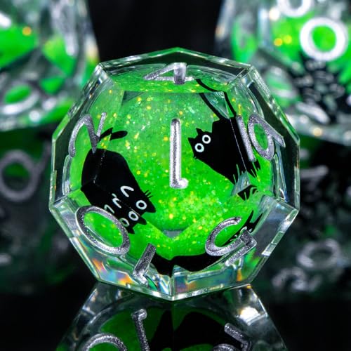 Roycevon Resin DND Dice Set with Gift Box, 7Pcs Liquid Core Cat D&D Dice, Cute Dungeons Dragons D and D Dice, Sharp Edge Role Playing Game Dice D20 D12 D10 D8 D6 D4, Green - color: Green