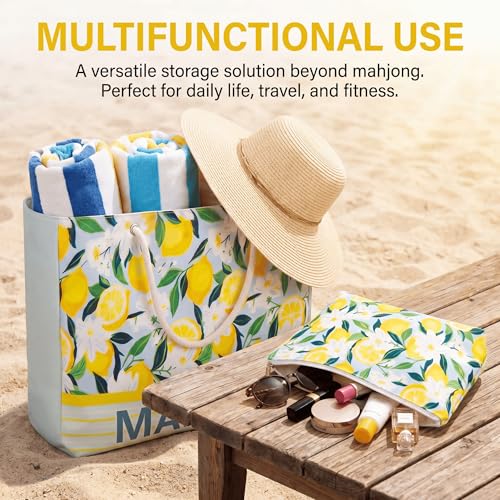 Soulchen 3 Pcs Empty Mahjong Bag Set American Mahjong Buckled and Zippered Carrying Bag with Handle, Tile case and Drawstring Protective Sleeve for Rack Game Travel Accessories Gift(Lemon) - style: Lemon