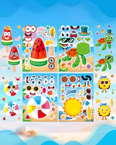 Aowplc 48 Sheets Summer Fun Make-a-Face Sticker Set for Kids – Create Your Own Faces with Beach, Tropical & Animal Stickers – Ideal Summer Crafts, Party Favors & Creative Activities - style: Summer Vibe
