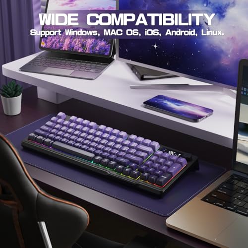 LexonElec M96 Wireless Keyboard, Low Profile Quiet Typing Membrane Gaming Keyboard with Smart Display & Knob, RGB Backlit, USB C Rechargeable, 94 Keys PBT Keycap for Windows PC,Mac,Linux-Grape Purple - color: Grape Purple