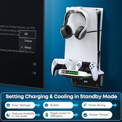 PS5 Wall Mount Kit with Cooling Fan and Charging Station Compatible with PS5/ Slim/Pro Disc and Digital, PS Five Floating Shelf with 9 RGB Lights, PS 5 Mount Behind TV, Sony PSP Cables - color: White And Black