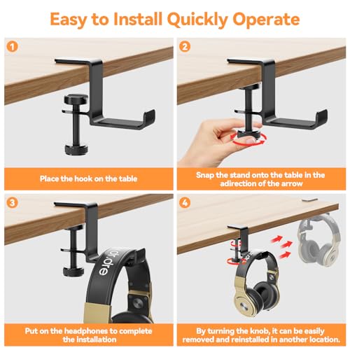 Headphone Hanger Holder Stand-Under Desk Headphone Hanger, Headset Hook Holder Space-Saving Aluminum Stand with Universal Fit for Gaming PC Accessories (Black-1PCS)