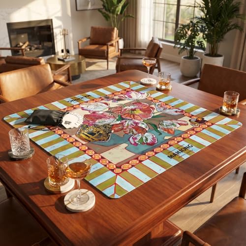 Blue and Yellow Summer Italian Lemon Mahjong Mat,Lemon Yellow Neoprene Mahjong Mat,Rubber Anti Slip and Noise Reduction Multi Purpose Game Table Cover for Mahjong, Card, Board Tile Games (M)