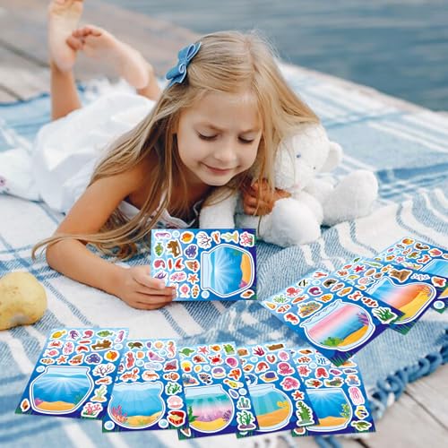 Ocean Animal Stickers, Make Your Own Sea Animal Fish Tank Scene Sticker | Make a Face Sticker Sheets for Kids, Goodie Bags Stuffers, Summer Party Favors Activities - style: Fish Tank