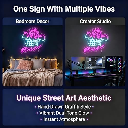 "BOOM!" Neon Sign with Cyberpunk Girl Art – 13.8"x12.2" Pink & Blue LED Wall Decor – Graffiti Style Light for Gaming Room, Bedroom & Street Art Space - color: Pink & Blue