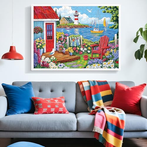 300 Pieces Puzzles for Adults,Seaside Garden House 300 Pieces Large Puzzle for Adults Seniors,Coastal Lighthouse Jigsaw Puzzle for Kids Ages 8-10,Challenging Family Games, 20.5 x 15 in - style: Garden House