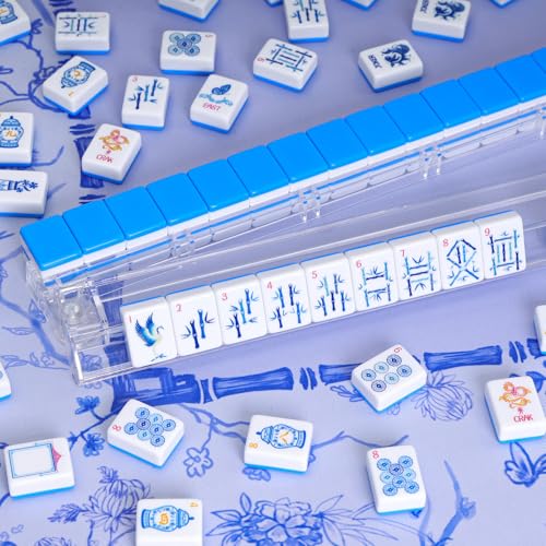 TIASUSAN American Mahjong Tile Set with160 Engraved Mahjong Tiles(1.2", Light Blue), Mahjong Bag, Racks and Accessories. - style: Blue (With Racks)