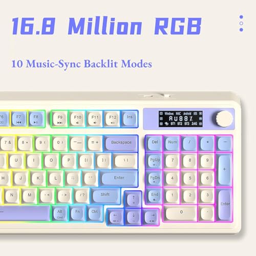 AULA S99 Pro Wireless Keyboard, Gaming Keyboards Media Knob Custom RGB Backlit, 3-Modes BT/2.4G/USB-C Membrane Cute Creamy Keyboard for Windows/MAC/PC Gamer - Blue White - color: Blue White